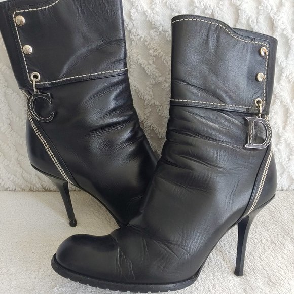 CHRISTIAN DIOR Logo Charm Booties Heels Boots - Picture 3 of 15
